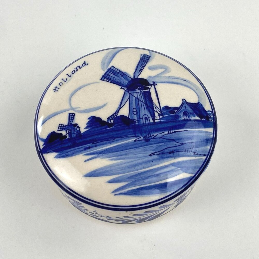 Vintage Delft Blue Holland Windmill Trinket Box Hand Painted Round Ceramic